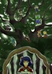  2000s_(style) 6+girls absurdres aki_minoriko aki_shizuha animal_ears black_hair black_skirt blonde_hair blue_dress blue_eyes blue_hair blue_skirt closed_mouth commentary_request crossed_arms detached_sleeves dress full_body green_hair green_hat grey_hair hair_ornament hat highres holding holding_sword holding_weapon in_tree inubashiri_momiji kagiyama_hina kawashiro_nitori kochiya_sanae leaf_hair_ornament looking_at_viewer mirror moriya_suwako mountain_of_faith multiple_girls nawo_(peace) orange_hair purple_dress red_dress red_eyes red_hat red_shirt rope shameimaru_aya shide shimenawa shirt short_hair skirt sleeveless sleeveless_shirt smile sword tail tokin_hat touhou tree upper_body weapon white_shirt white_sleeves wolf_ears wolf_girl wolf_tail yasaka_kanako 