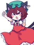  1girl ;3 ;d animal_ear_fluff animal_ear_piercing animal_ears arm_up blush_stickers bow bowtie brown_hair cat_ears cat_tail chahan_(fried_rice0614) chen commentary_request double-parted_bangs earrings fang frills hair_between_eyes hat highres jewelry mob_cap multiple_tails nekomata one_eye_closed petticoat puffy_short_sleeves puffy_sleeves red_skirt red_vest short_hair short_sleeves simple_background single_earring skirt skirt_set slit_pupils smile solo tail touhou two_tails v-shaped_eyebrows vest white_background white_bow white_bowtie 