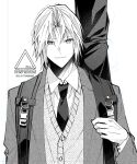  1boy backpack bag black_necktie cardigan closed_mouth collared_shirt final_fantasy final_fantasy_vii final_fantasy_vii_ever_crisis greyscale hair_between_eyes jacket looking_at_viewer male_focus monochrome necktie official_alternate_costume parted_bangs school_uniform sephiroth sephiroth_(ever_crisis) sephiroth_(shinra_private_academy) shirt short_hair slit_pupils smile solo suit_jacket twitter_username upper_body weapon weapon_case weapon_on_back white_background white_shirt yunyunonigiri 