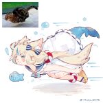  1girl :&lt; ahoge animal_ears bare_arms bare_legs blonde_hair blue_eyes blue_hair blue_sailor_collar blush bow cat cat_ears commentary dress fins fish fish_tail full_body hair_bow highres indie_virtual_youtuber ivy1993 lifebuoy_hair_ornament long_hair low_twintails motion_lines multicolored_hair one_side_up photo-referenced reference_inset sailor_collar sailor_dress sameko_saba sandals simple_background solo speed_lines streaked_hair tail twintails twitter_username two-tone_hair v-shaped_eyebrows very_long_hair virtual_youtuber white_background white_dress 