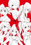  6+girls arimura_hinae bow chaos;child chaos;child:_children&#039;s_revive chest_bow closed_mouth crack from_side frown glasses hair_between_eyes hair_over_one_eye hair_ribbon hand_on_own_chest hands_on_own_hips high_collar highres kazuki_hana kunosato_mio lab-coat lollipop_in_mouth long_hair long_sidelocks minamisawa_senri monochrome multiple_girls necktie official_art onoe_serika parted_lips ponytail reaching reaching_towards_viewer red_background ribbon sad sailor_collar sailor_shirt sasaki_mutsumi school_uniform science_adventure shirt short_hair short_hair_with_long_locks short_necktie sidelocks smile twintails two_side_up white_sailor_collar yamazoe_uki 