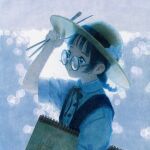  1girl absurdres black_hair blue_eyes blurry braid collarbone colored_pencil_(medium) depth_of_field expressionless glasses hat highres holding holding_paintbrush looking_to_the_side nekojarashi_(yuuga) original paintbrush round_eyewear sketchbook solo traditional_media upper_body 