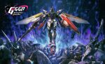  beam_rifle buster_rifle commentary_request company_name copyright_name energy_gun floating full_body green_eyes gun gundam gundam_wing highres holding holding_gun holding_weapon mecha mecha_focus mobile_suit no_humans official_art robot science_fiction shield solo sunrise_(company) tani_(tanidesuyo) v-fin weapon wing_gundam wreckage 