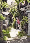  1girl :o absurdres bag black_hair blazer blush cat child city colored_pencil_(medium) day flower futon highres house jacket jar loafers looking_at_another mailbox_(incoming_mail) millipen_(medium) neck_ribbon nekojarashi_(yuuga) original pen_(medium) plant ribbon scenery school_bag school_uniform shadow shoes short_hair skirt sky slice_of_life solo standing standing_on_one_leg traditional_media trash_can tree umbrella white_cat 