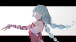  1girl absurdres bandage_over_one_eye bandaged_arm bandages braid breasts closed_mouth commentary_request dress from_side grey_eyes grey_hair halter_dress halterneck hand_up highres kazuna_ys letterboxed long_hair looking_at_viewer looking_to_the_side low_twin_braids nail_polish phrolova_(wuthering_waves) red_dress red_nails red_pupils small_breasts solo twin_braids upper_body wuthering_waves 