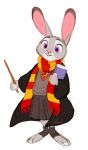  anthro book bottomwear buckteeth clothed clothing disney front_view fully_clothed fur grey_body grey_fur gryffindor harry_potter holding_book holding_object judy_hopps lagomorph leporid looking_at_viewer mammal nyoncat open_mouth open_smile purple_eyes rabbit robe scarf shirt simple_background skirt smile solo standing teeth toeless_legwear topwear wand white_background zootopia 