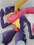  2016 amphibian anthro blue_body blue_skin bodily_fluids crying digital_media_(artwork) erection greninja grey_background long_tongue lying male neck_grab nintendo nude penis pok&eacute;mon pok&eacute;mon_(species) red_eyes simple_background solo soruagreninja tears tongue tongue_out video_games yellow_body yellow_skin 