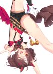  1girl animal_ears breasts brown_hair collarbone commentary_request futarino_ririsu gran_alegria_(umamusume) hair_between_eyes hair_ornament highres horse_ears horse_girl looking_at_viewer medium_breasts medium_hair midriff navel one_eye_closed open_mouth shorts solo teeth umamusume upper_teeth_only white_background x_hair_ornament 