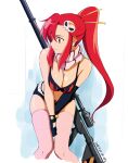  1girl absurdres anti-materiel_rifle asymmetrical_gloves belt bikini bikini_top_only black_gloves black_shorts breasts cleavage closed_mouth commentary_request cropped_legs dated flame_print gloves gun gun_on_back hair_ornament hair_stick highres large_breasts leaning_forward long_hair looking_to_the_side mugi0913 pink_scarf pink_theme ponytail red_eyes rifle scarf short_shorts shorts skull_hair_ornament sniper_rifle solo swimsuit tengen_toppa_gurren_lagann weapon weapon_on_back white_belt yellow_eyes yoko_littner 