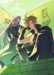  2boys armor bangle black_cape black_coat black_gloves black_pants black_vest blonde_hair bracelet brick_wall cape cloud_strife coat earrings final_fantasy final_fantasy_vii final_fantasy_vii_advent_children gloves grey_hair head_on_hand highres jewelry long_coat long_hair looking_at_viewer male_focus multiple_boys pants parted_bangs pauldrons popped_collar sephiroth short_hair shoulder_armor single_bare_shoulder single_earring single_pauldron sitting spiked_hair twitter_username vest waist_cape yunyunonigiri 