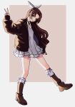  1girl absurdres aerith_gainsborough alternate_costume boots border brown_background brown_boots brown_coat brown_hair choker coat dress final_fantasy final_fantasy_vii full_body green_eyes hair_ribbon highres kneehighs long_hair long_sleeves looking_at_viewer mochee_bi parted_bangs ribbon ribbon_choker short_dress smile socks solo v white_border white_dress white_ribbon white_socks 