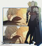 2boys arm_around_neck armor arms_around_waist black_boots black_cape black_gloves black_jacket black_pants black_sleeves black_vest blonde_hair boots border brown_gloves cape closed_eyes cloud_strife final_fantasy final_fantasy_vii final_fantasy_vii_advent_children final_fantasy_vii_ever_crisis full_body gloves green_eyes grey_hair hair_between_eyes hug jacket male_focus multiple_boys pants parted_lips pauldrons popped_collar sephiroth sephiroth_(ever_crisis) short_hair shoulder_armor single_pauldron single_sleeve spiked_hair twitter_username upper_body vambraces vest waist_cape white_border wide-eyed yaoi yunyunonigiri 