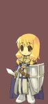  1girl 2000s_(style) armor armored_boots belt blonde_hair blue_cape blush boots brown_background brown_belt brown_eyes cape chibi chibi_only closed_mouth commentary_request cross cross_necklace cross_print crusader_(ragnarok_online) full_body gauntlets grey_skirt hair_tubes holding holding_shield holding_sword holding_weapon jewelry long_hair looking_at_viewer low_twintails lowres necklace nirego pauldrons ragnarok_online shield shoulder_armor simple_background skirt smile solo sword twintails weapon 