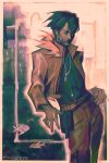  1boy absurdres belt black_hair black_shirt brown_coat city closed_eyes coat commentary fanny_pack feet_out_of_frame fish fur_collar hair_flowing_over hand_on_own_wrist highres jewelry limited_palette male_focus markkrpg narrowed_eyes necklace open_clothes open_coat original outline painterly popped_collar rockfish scar scar_on_face shirt short_hair solo symbol-only_commentary twisted_torso white_outline 