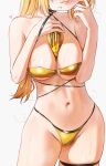  1girl areola_slip artist_name between_breasts bikini blush breasts can commentary darkness_(konosuba) english_commentary groin hair_between_eyes hands_up head_out_of_frame heart highres kono_subarashii_sekai_ni_shukufuku_wo! large_breasts long_hair monster_energy navel o-ring o-ring_bikini o-ring_top simple_background solo sweat swimsuit thighs twitter_username underboob waligner white_background yellow_bikini 