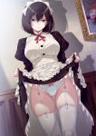  1girl 40hara bow bow_panties breasts brown_hair clothes_lift garter_belt garter_straps glaring highres itou_chitose iya_na_kao_sare_nagara_opantsu_misete_moraitai lace_trim large_breasts maid maid_headdress neck_ribbon panties panties_day promotional_art ribbon skirt skirt_lift thighhighs translation_request underwear 