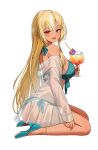  1girl :d absurdres alternate_costume anklet bikini blonde_hair blue_bikini blue_shoes commentary_request cup dark-skinned_female dark_skin elf frilled_bikini frills front-tie_bikini_top front-tie_top halterneck high_heels highres holding holding_cup hololive jewelry long_hair looking_at_viewer median_furrow monokawa_(iurl1z) multicolored_hair off_shoulder open_mouth pointy_ears see-through_clothes shiranui_flare shoes side-tie_bikini_bottom simple_background sitting smile solo streaked_hair swimsuit swimsuit_cover-up very_long_hair virtual_youtuber white_background white_hair 