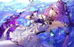  1girl afloat armpits asymmetrical_gloves black_tiara castorice_(honkai:_star_rail) commentary_request dress elbow_gloves flower gloves hair_flower hair_ornament highres honkai:_star_rail honkai_(series) korean_commentary long_hair looking_at_viewer pantyhose parted_lips pointy_ears purple_eyes purple_gloves purple_hair saeyo_dr solo tiara twitter_username uneven_gloves very_long_hair white_dress white_pantyhose 