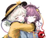  2girls absurdres blue_shirt closed_eyes closed_mouth hairband hat highres hug komeiji_koishi komeiji_satori long_sleeves medium_hair messy_hair multiple_girls natucurage one_eye_closed open_mouth purple_eyes purple_hair shirt siblings smile third_eye touhou upper_body white_hair yellow_shirt 
