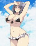  1girl absurdres armpits arms_up bikini black_bikini blue_eyes blue_sky blush breasts brown_hair chimunge cleavage closed_mouth cloud collarbone commentary_request day frilled_bikini frills grey_hair hair_ribbon highres looking_at_viewer medium_hair navel outdoors ribbon senran_kagura senran_kagura_burst senran_kagura_burst_re:newal senran_kagura_estival_versus senran_kagura_shinovi_versus sky smile solo swimsuit underboob yumi_(senran_kagura) 