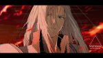  1boy aqua_eyes armor black_jacket closed_mouth distortion fiery_background final_fantasy final_fantasy_vii fire frown grey_hair hair_between_eyes jacket long_bangs long_hair looking_at_viewer male_focus parted_bangs pauldrons sephiroth shoulder_armor slit_pupils solo twitter_username upper_body yunyunonigiri 