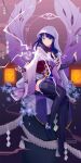  1girl abstract_background absurdres artist_name asymmetrical_sleeves black_panties black_thighhighs blunt_bangs braid bridal_gauntlets celtreny closed_mouth cloud cloudy_sky deviantart_username electricity english_commentary flower full_body genshin_impact glowing gradient_background hair_flower hair_ornament head_tilt highres japanese_clothes kimono lantern logo long_hair looking_down mitsudomoe_(shape) mole mole_under_eye neck_ribbon off_shoulder panties purple_eyes purple_flower purple_hair purple_kimono purple_sky purple_veil raiden_shogun red_ribbon red_sash ribbon sash shade single_braid sitting sky solo spoilers statue thighhighs tomoe_(symbol) twitter_username underwear uneven_sleeves veil watermark wide_sleeves wings 