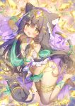  1girl :3 ancient_egyptian_clothes animal_ear_fluff animal_ears barefoot bastet_(mythology) black_cat black_hair breasts cat cat_ears cat_girl cat_tail egyptian_mythology fish_hair_ornament full_body glint gold_jewelry hair_ornament highres jumping loincloth long_hair momozu_komamochi navel open_mouth original paw_hair_ornament paw_pose small_breasts smile solo tail usekh_collar very_long_hair 