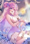  1girl :d bare_shoulders blue_eyes blue_hair blush breasts by_mirin character_request check_character cleavage clip_studio_paint_(medium) commentary dress fingernails from_side gradient_hair hair_bun halo hands_up heterochromia highres indie_virtual_youtuber jewelry large_breasts long_hair making-of_available multicolored_dress multicolored_hair nail_polish open_mouth pink_eyes purple_hair sitting smile solo star_(symbol) teeth thighlet upper_teeth_only vera_(vtuber) very_long_hair 