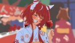  1girl absurdres alternate_costume animal_ears aoi_tenjiku blurry blurry_background blush breasts closed_eyes collarbone commentary_request hair_between_eyes hair_ornament highres horse_ears horse_girl japanese_clothes kimono long_hair low_twintails night portrait red_hair small_breasts solo twintails umamusume win_variation_(umamusume) yukata 