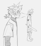  1boy aged_down blush boots cargo_shorts child cloud_strife crying final_fantasy final_fantasy_vii final_fantasy_vii_remake full_body greyscale hair_between_eyes highres holding holding_sword holding_toy holding_weapon low_ponytail male_focus mmmckayyy monochrome multiple_views ponytail profile shirt shirt_under_shirt short_sleeves shorts sketch sleeves_rolled_up solo_focus spiked_hair sword t-shirt tears toy toy_sword upper_body weapon white_background 