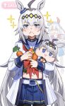  2girls :t absurdres ahoge animal_ears belt black_pantyhose blue_eyes blue_sailor_collar blue_skirt blush carrot character_doll commentary_request diamond_(shape) doll ear_covers ear_ornament eating food food_on_face franz2543 grey_hair hairband highres holding holding_carrot horse_ears horse_girl horse_tail long_hair long_sleeves looking_at_viewer midriff multiple_girls navel oguri_cap_(umamusume) pantyhose sailor_collar shirt simple_background skirt sparkle sparkling_aura tail tamamo_cross_(umamusume) umamusume white_background white_belt white_shirt 
