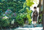  1girl absurdres bag black_shirt black_skirt blue_flower bottle brown_shoes cat colored_pencil_(medium) flower full_body glasses highres hydrangea leaf long_sleeves medium_hair neckerchief nekojarashi_(yuuga) original outdoors plant pleated_skirt potted_plant purple_flower rock sailor_collar shadow shirt shoes shoulder_bag skirt socks solo traditional_media white_cat white_neckerchief white_sailor_collar white_socks 