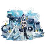  1girl arknights ball belt belt_boots black_belt black_boots black_shorts blue_hair blue_jacket boots breasts ch'en_(arknights) ch'en_the_holungday_(arknights) ch'en_the_holungday_(holiday)_(arknights) clock closed_mouth crop_top cropped_jacket detergent dragon_girl dragon_horns dragon_tail english_text frilled_overskirt full_body gloves highres holding holding_water_gun horns indoors jacket knee_boots knees_together_feet_apart laundry laundry_basket long_hair long_sidelocks looking_at_viewer medium_breasts navel net official_alternate_costume official_art open_clothes open_jacket overskirt palm_tree ponytail pouch red_eyes reflective_floor rubber_duck rubber_gloves sheath sheathed shorts sidelocks smile soap_bubbles solo standing sunglasses sword tail thigh_pouch third-party_source transparent_background tree visor_cap wall_clock washing_machine water_gun weapon weapon_case window yellow_gloves yyb 