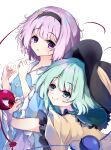  2girls 5nikorai absurdres black_hairband black_hat blue_eyes blush green_hair grin hair_ornament hairband hat heart heart_hair_ornament highres hug komeiji_koishi komeiji_satori long_hair looking_at_another multiple_girls open_mouth pink_hair pink_shirt purple_eyes purple_skirt shirt short_hair skirt smile sweat touhou wide_sleeves yellow_shirt 