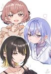  3girls black_hair blonde_hair blue_hair brown_hair collarbone cometik_(idolmaster) commentary_request cropped_torso ear_piercing glaring hand_on_own_chin highres hood hoodie idolmaster idolmaster_shiny_colors ikaruga_luca ikuta_haruki jewelry looking_at_viewer multicolored_hair multiple_girls necklace piercing puff_of_air signature simple_background sparkle streaked_hair stroking_own_chin suzuki_hana sweater_vest two-tone_hair upper_body v-shaped_eyebrows white_background white_sweater_vest yellow_hoodie zundasiba8 