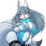  1:1 2016 4_fingers absurd_res anthro belly big_breasts blue_eyes breasts canid canine clothed clothing digital_media_(artwork) female fingers fox fur fuyusen grey_body grey_fur grey_hair hair hi_res kemono long_hair looking_at_viewer mammal open_mouth simple_background slightly_chubby solo white_background white_belly yosioka_san 