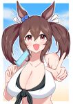  1girl absurdres animal_ears breasts brown_hair cleavage collarbone commentary_request food hair_between_eyes hair_ornament highres hishi_akebono_(umamusume) horse_ears horse_girl large_breasts nabe_tanuki popsicle red_eyes sky sparkle sweat swimsuit textless_version translation_request twintails umamusume 