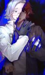  2boys :d aotsuki_eito black_gloves black_streaks blue_eyes chinese_commentary crying glasses gloves grey_hair grey_jacket highres hood hoodie jacket jacket_over_hoodie looking_at_viewer male_focus multicolored_hair multicolored_jacket multiple_boys open_mouth purple_eyes red_hair revealing_layer short_hair smile spoilers streaked_hair sumino_takumi the_hundred_line_-last_defense_academy- two-tone_jacket waiaaaaaaa white_hoodie white_jacket 