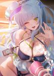  1girl bare_shoulders bikini black_bikini breasts cleavage commentary_request cross cross-laced_bikini cross-laced_clothes cross_earrings earrings eyepatch_bikini girls&#039;_frontline girls&#039;_frontline_2:_exilium green_eyes grey_hair hair_ornament highres hk416_(girls&#039;_frontline) holding holding_water_gun jewelry klukai_(cerulean_breaker)_(girls&#039;_frontline_2) klukai_(girls&#039;_frontline_2) large_breasts official_alternate_costume official_alternate_hairstyle one_eye_closed open_mouth ponytail skindentation smile solo swimsuit tattoo teardrop_facial_mark teardrop_tattoo visor_cap water water_gun wet_bikini xiujia_yihuizi 