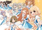  &gt;_&lt; 6+girls :d ^_^ black_hair blonde_hair blue_dress blue_eyes blush bow braid braided_bangs brown_background brown_eyes brown_hair closed_eyes closed_mouth commentary_request dress futaba_anzu gradient_background hair_bow hair_flaps hair_intakes hair_ornament hairclip highres hisakawa_hayate hisakawa_nagi honda_mio ichihara_nina idolmaster idolmaster_cinderella_girls idolmaster_cinderella_girls_starlight_stage koshimizu_sachiko long_hair low_twintails mimura_kanako moroboshi_kirari multiple_girls new_generations_(idolmaster) one_side_up purple_hair rino_cnc shibuya_rin shimamura_uzuki shoes short_sleeves siblings sisters smile sparkle steepled_fingers striped_clothes striped_dress twins twintails vertical-striped_clothes vertical-striped_dress very_long_hair white_background white_bow white_shoes wrist_cuffs xd 