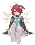  1girl admiralkeyes arknights blue_archive blue_neckerchief blush breasts closed_mouth cosplay detached_wings dress embarrassed exusiai_(arknights) feet flower flying_sweatdrops full_body hair_flower hair_ornament hair_over_one_eye halo highres knees_up looking_at_viewer mari_(blue_archive) mari_(blue_archive)_(cosplay) neckerchief no_shoes nose_blush one_side_up orange_eyes red_hair sailor_collar short_hair simple_background sitting small_breasts soles solo thighhighs toes traditional_halo wavy_mouth white_background white_sailor_collar white_thighhighs wings yellow_halo 