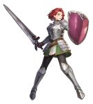  1girl armor armored_boots artist_request belt belt_buckle black_pants bob_cut boots bracer brown_belt brown_gloves buckle cathy_(goddess_order) cuirass earrings faulds full_body game_cg gloves goddess_order green_eyes green_shirt high_collar highres holding holding_shield holding_sword holding_weapon jewelry knee_boots looking_to_the_side multiple_belts non-web_source official_art open_mouth pants pants_under_skirt pauldrons red_hair shield shirt short_hair shoulder_armor simple_background skirt solo standing swept_bangs sword tachi-e transparent_background weapon white_skirt 