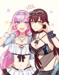  2girls bikini black_bikini blue_eyes breasts brown_hair cleavage commentary eden_(flowing_rhyme)_(honkai_impact) eden_(honkai_impact) elf elysia_(honkai_impact) elysia_(miss_pink_elf)_(honkai_impact) elysia_(summer_miss_elf)_(honkai_impact) hairband half-heart_hands highres honkai_(series) honkai_impact_3rd jewelry large_breasts long_hair multiple_girls navel necklace official_alternate_costume open_mouth pink_hair pointy_ears scrunchie shell shell_necklace simple_background smile stomach swimsuit symbol-only_commentary toufu_0626 very_long_hair white_background white_bikini white_hairband wrist_scrunchie yellow_eyes 