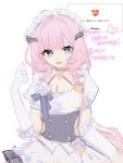  1girl absurdres apron black_dress blue_eyes breasts butterfly_hair_ornament cleavage commentary_request dress elbow_gloves elysia_(honkai_impact) elysia_(miss_pink)_(honkai_impact) elysia_(miss_pink_elf)_(honkai_impact) fake_horns gloves hair_ornament highres honkai_(series) honkai_impact_3rd horns large_breasts long_hair looking_at_viewer maid maid_apron maid_headdress official_alternate_costume open_mouth otr_ng pink_hair simple_background solo translation_request very_long_hair white_apron white_background white_gloves 