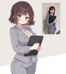  1girl araki_saori blazer blush breasts brown_eyes business_suit collared_shirt commentary dress_shirt english_commentary grey_jacket grey_pants half_updo holding_board jacket lapels large_breasts long_sleeves looking_at_viewer medium_hair moshiedraws notched_lapels office_lady pants photo_inset pout real_life reference_inset shirt solo suit suit_jacket white_shirt 