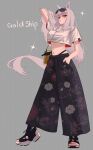  1girl absurdres alternate_costume animal_ears character_name cropped_shirt floral_print floral_print_pants full_body gold_ship_(umamusume) highres horse_ears horse_girl horse_tail medaka_(user_ucft3727) navel pants print_pants shirt solo tail umamusume 