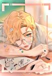  1boy ;o absurdres arm_on_table bandaid bandaid_on_cheek bandaid_on_face bespectacled blonde_hair blurry blurry_background chinese_commentary classroom curtained_hair desk drawing_(action) drawn_ears drawn_whiskers eraser fangs flower_symbol glasses green_eyes grey-framed_eyewear hair_ornament hairclip head_on_arm heart highres holding holding_pen indoors lars_rorschach linke lips looking_at_viewer lovebrush_chronicles male_focus nib_pen_(object) one_eye_closed open_mouth paper pen school_desk shirt side_part solo squeans star_(symbol) sticker_on_arm sticker_on_face swept_bangs upturned_eyes viewfinder waking_up white_shirt window yawning 