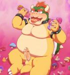  2019 anthro belly bodily_fluids bowser cum cum_on_penis erection fungus genital_fluids humanoid_hands humanoid_penis koopa male mario_bros moobs mushroom nintendo overweight overweight_male penis penta002 scalie sitting solo tongue tongue_out video_games 