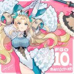  1girl anniversary axe blonde_hair blue_eyes blue_ribbon breasts commentary_request copyright_name curled_horns ereshkigal_(fate) fate/grand_order fate_(series) hair_ribbon highres holding holding_axe holding_weapon horns large_breasts nishimura_eri parted_bangs pink_background ribbon solo space_ereshkigal_(fate) space_ereshkigal_(third_ascension)_(fate) swimsuit two_side_up weapon 