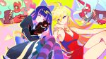 4girls absurdres ahoge armpits bare_legs black_cat black_dress blonde_hair blue_eyes blue_hair bow bracelet breasts cat cleavage closed_eyes colored_inner_hair colored_skin colorful_background commentary dechel demon_girl dress earrings glasses gothic_lolita green_hair heart highres hoop_earrings horns jewelry kneesocks_(psg) lolita_fashion long_hair multicolored_hair multiple_girls necklace necktie panty_&amp;_stocking_with_garterbelt panty_(psg) pink_hair ponytail purple_bow purple_hair red_dress red_necktie red_skin scanty_(psg) siblings single_horn sisters sleeveless smile stocking_(psg) striped_clothes striped_thighhighs thighhighs vertical-striped_clothes vertical-striped_thighhighs yellow_eyes 